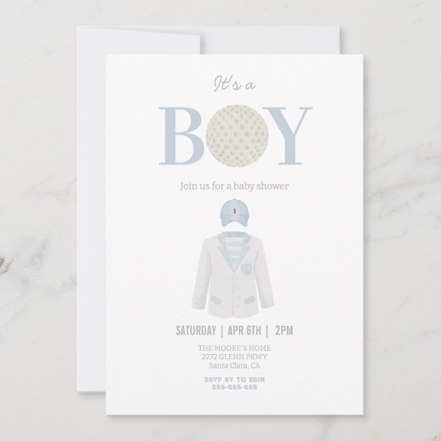 Blue it’s a boy golf theme baby shower invitation  (Front)