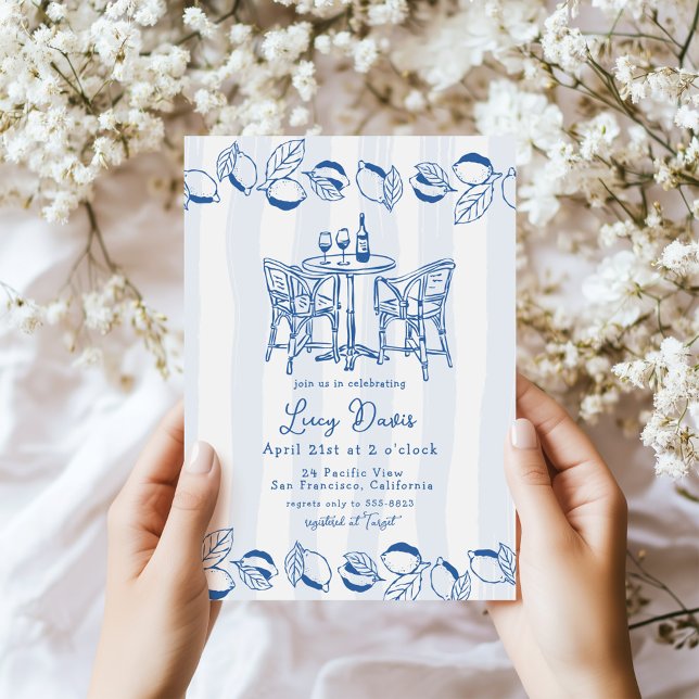 Blue Italian Bistro Lemon Stripe Bridal Shower Invitation (Creator Uploaded)