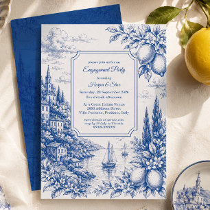 Blue Italian Coastal Toile Engagement Party Invitation