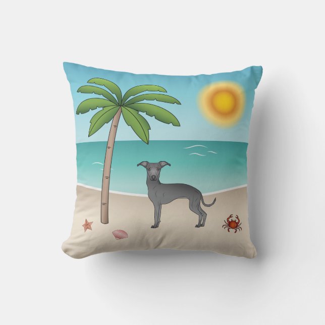 Blue Italian Greyhound At Tropical Summer Beach Cushion (Front)