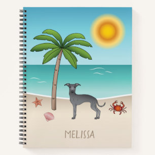 Blue Italian Greyhound At Tropical Summer Beach Notebook