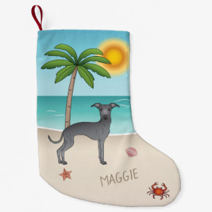 Blue Italian Greyhound At Tropical Summer Beach Small Christmas Stocking