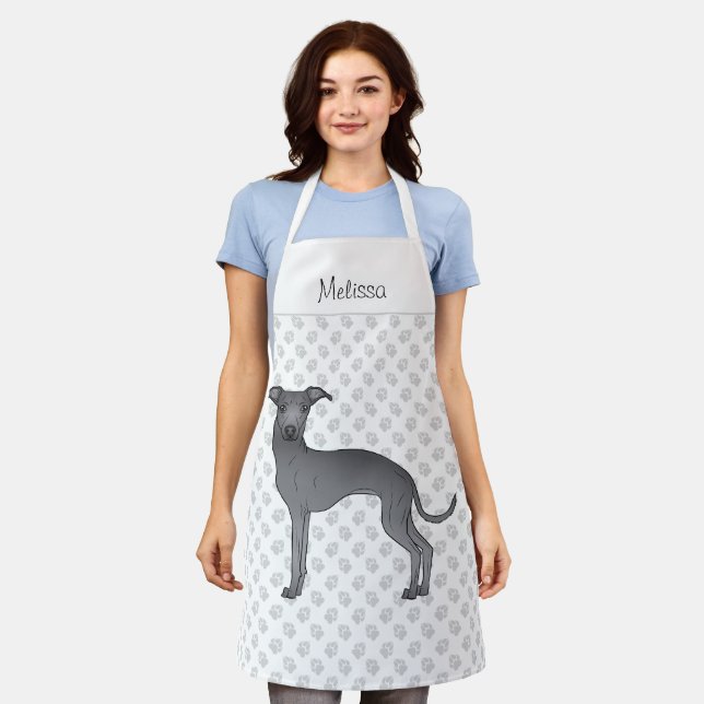 Blue Italian Greyhound Cartoon Dog With A Name Apron (Worn)