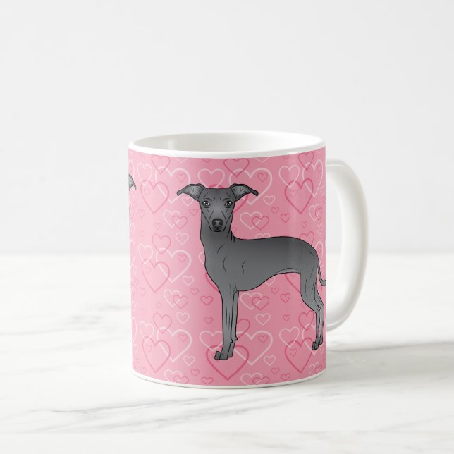 Blue Italian Greyhound Cute Dog On Pink Hearts Coffee Mug (Front Right)