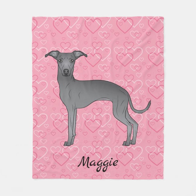 Blue Italian Greyhound Cute Dog On Pink Hearts Fleece Blanket (Front)