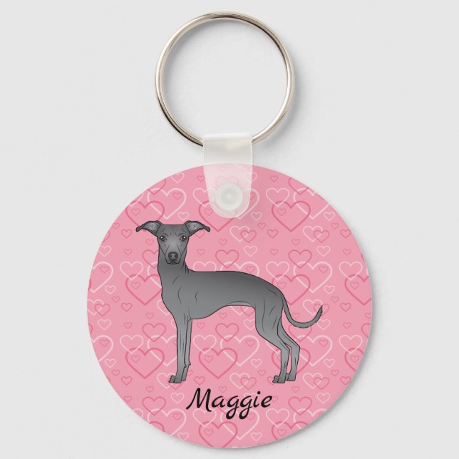 Blue Italian Greyhound Cute Dog On Pink Hearts Key Ring (Front)