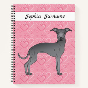 Blue Italian Greyhound Cute Dog On Pink Hearts Notebook