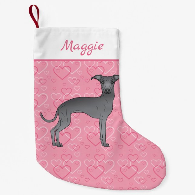 Blue Italian Greyhound Cute Dog On Pink Hearts Small Christmas Stocking (Front)