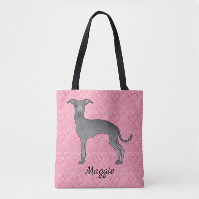 Blue Italian Greyhound Cute Dog On Pink Hearts Tote Bag (Front)