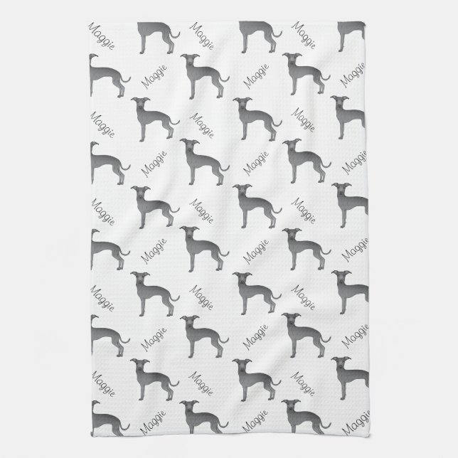 Blue Italian Greyhound Cute Dog Pattern With Name Tea Towel (Vertical)