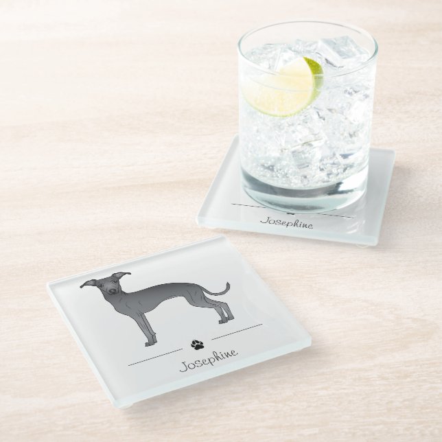 Blue Italian Greyhound Cute Dog With Custom Text Glass Coaster (Angled)