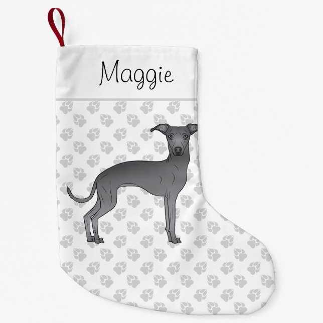Blue Italian Greyhound Dog With Custom Name Small Christmas Stocking (Front)