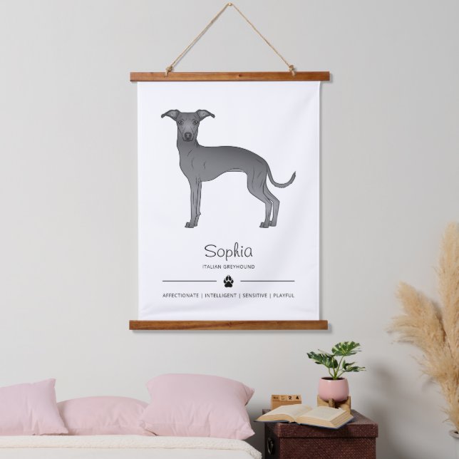 Blue Italian Greyhound With A Paw And Custom Text Hanging Tapestry (Bedroom)