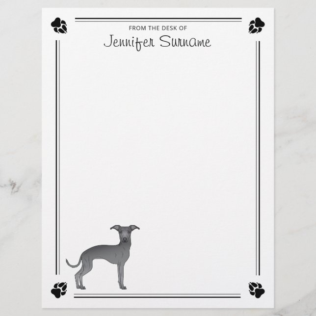 Blue Italian Greyhound With Paws And Custom Text Custom Letterhead (Front)