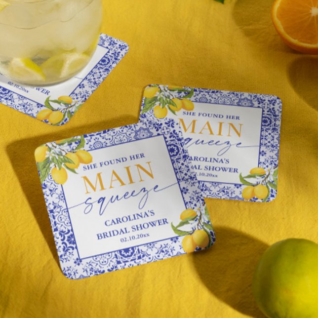 Blue Italian Lemon Main Squeeze Bridal Shower Square Paper Coaster (Creator Uploaded)