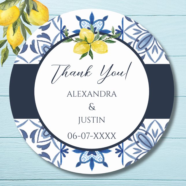 Blue Italian Lemon Mediterranean Wedding Thank You Classic Round Sticker (Creator Uploaded)