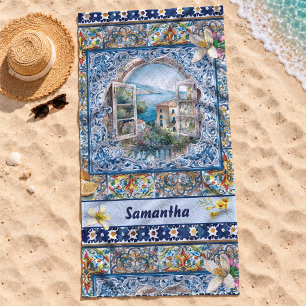 Blue Italian Tile Citrus Floral Beach Towel