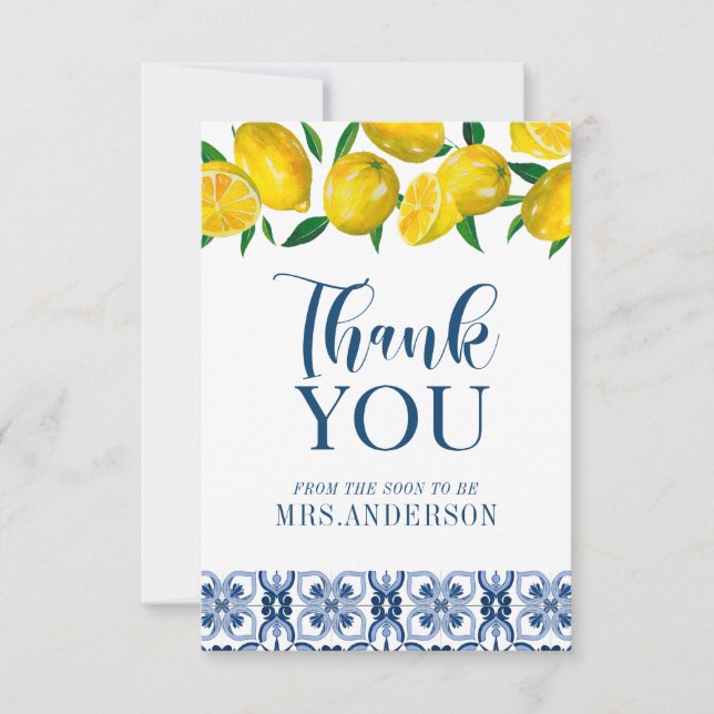 Blue Italian Tile Lemon Bridal Shower Thank You (Front)