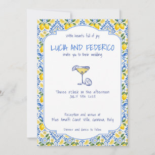 Blue Italian Tile Mediterranean Lemons Wedding Invitation