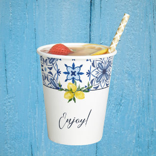 Blue Italian Tile Yellow Lemon Bridal Shower Paper Cups