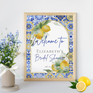 Blue Italian Tiles Arch Citrus Lemons Welcome Poster