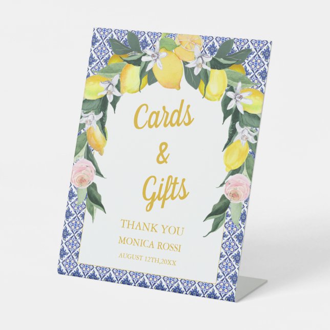 Blue Italian Tiles Lemon Bridal Shower Cards Gifts Pedestal Sign (Front)
