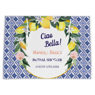 Blue Italian Tiles Lemons Ciao Bella Bridal Shower Large Gift Bag