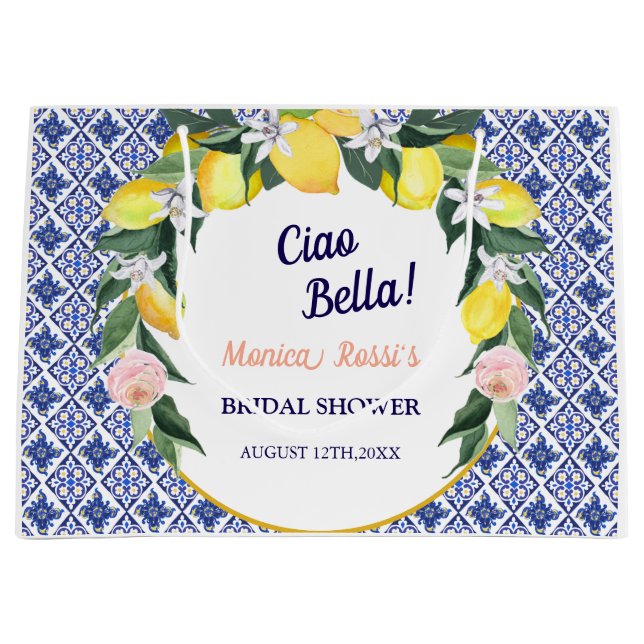 Blue Italian Tiles Lemons Ciao Bella Bridal Shower Large Gift Bag (Front)