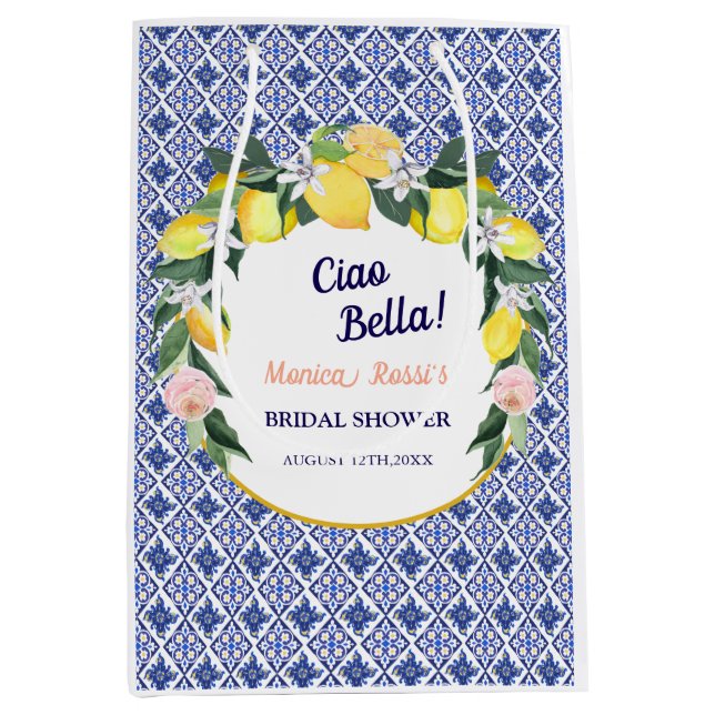 Blue Italian Tiles Lemons Ciao Bella Bridal Shower Medium Gift Bag (Front)