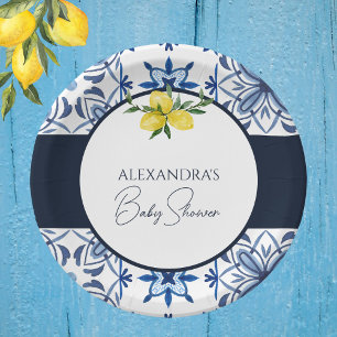 Blue Italian Yellow Lemon Baby Shower  Paper Plate