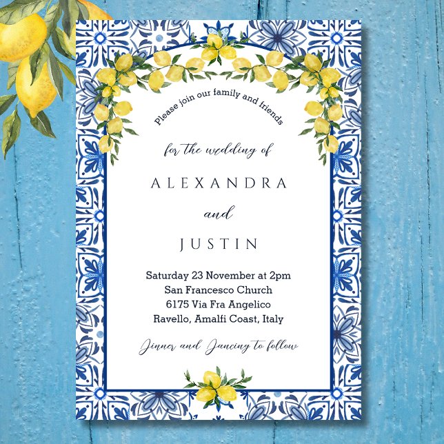 Blue Italian Yellow Lemon Mediterranean Wedding Invitation (Creator Uploaded)