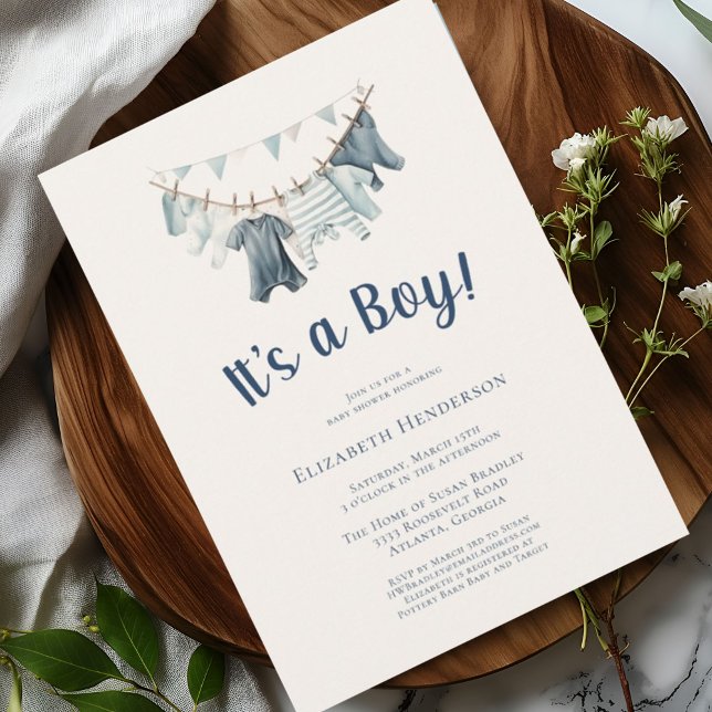Blue It's a Boy Clothesline Baby Shower Invitation (Creator Uploaded)