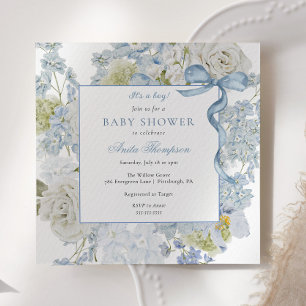 Blue It's a Boy Floral Bow Baby Shower Invitation