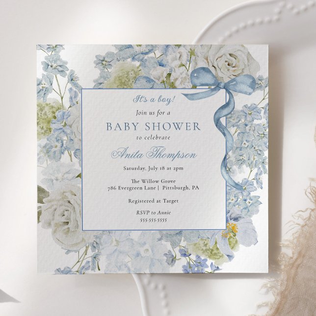 Blue It's a Boy Floral Bow Baby Shower Invitation (Creator Uploaded)