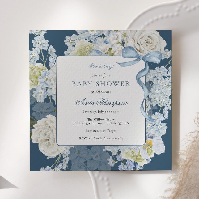 Blue It's a Boy Floral Bow Baby Shower Invitation (Creator Uploaded)