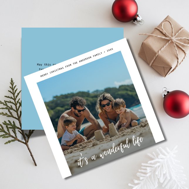Blue It's A Wonderful Life Christmas Beach Photo Holiday Card (Creator Uploaded)
