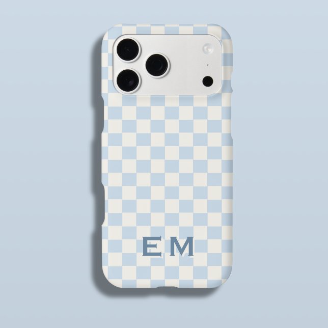Blue Ivory Coastal Chequerboard Chequered Initial (Soft Sky Blue Checker Chess Board Phone Case with Custom Initials)