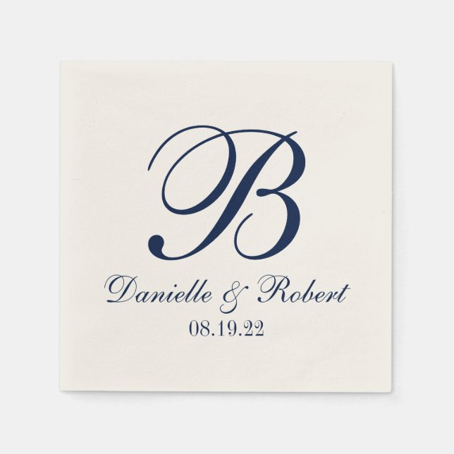 Blue| Ivory Custom Wedding Monogram Paper Napkin (Front)