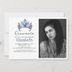 Blue & Ivory Floral Quinceañera Birthday Party Invitation