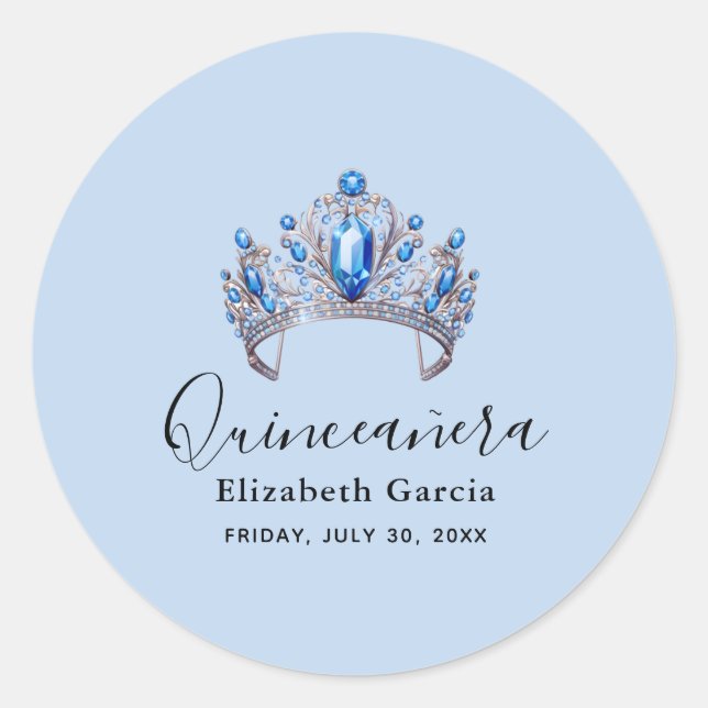 Blue & Ivory Floral Quinceañera Classic Round Sticker (Front)