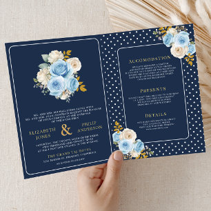 Blue Ivory Floral Roses All in One Navy Wedding Invitation