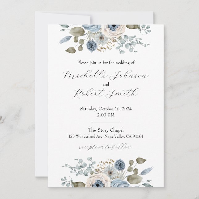 Blue & Ivory Floral Wedding Invitation (Front)