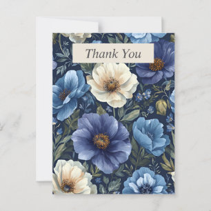 Blue & Ivory Flowers on Navy Blue Thank You Card