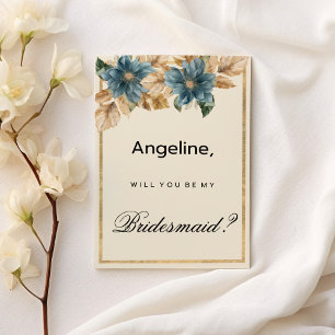 Blue ivory gold fall spring floral Bridesmaid Invitation