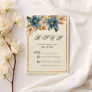 Blue ivory gold fall spring floral RSVP Invitation