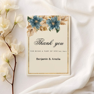 Blue ivory gold fall spring floral Thank You  Invitation