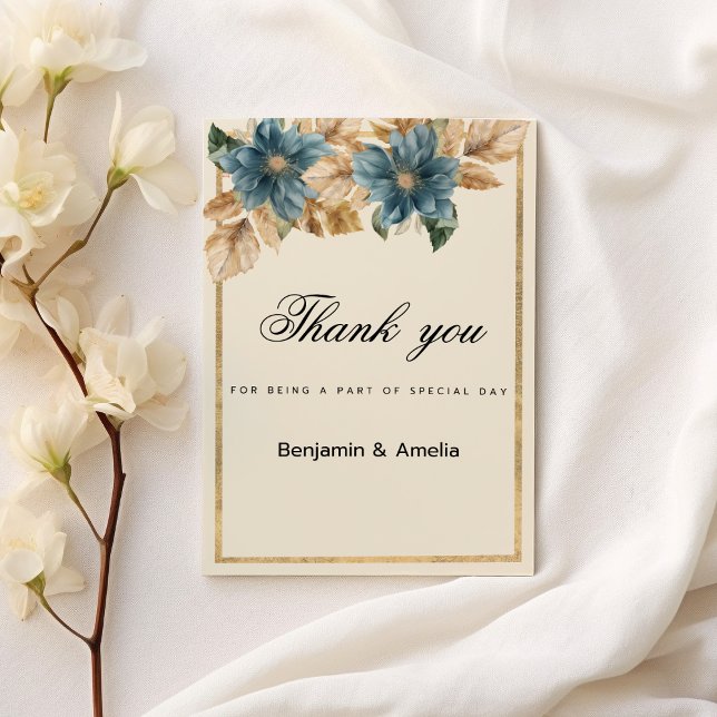 Blue ivory gold fall spring floral Thank You  Invitation (Blue ivory gold fall spring floral Thank You)