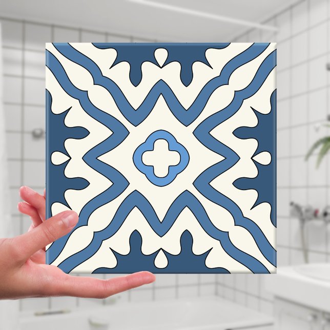 Blue Ivory Greek Inspired Geometric Tile (Abstract geometric design Mediterranean bathroom tile in different shades of blue with ivory)