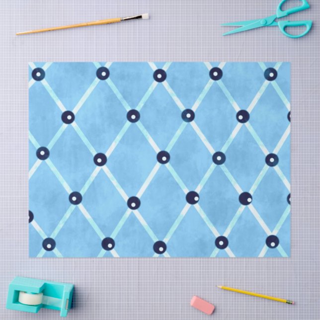 Blue Ivory Lattice Studs Funky Pattern Decoupage Tissue Paper (Craft)