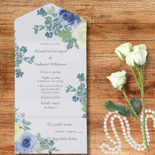 Blue & Ivory Roses on Pale Blue All In One Invitation